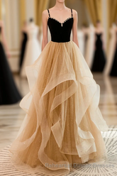 A-Line Champagne Tulle Sweetheart Beaded Long Semi Formal Prom Dress, Tulle Layers Party Dress